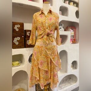 Y2K Pleated Mesh Colourful Paisley Button Up Shirt & Ruffled Handkerchief Skirt